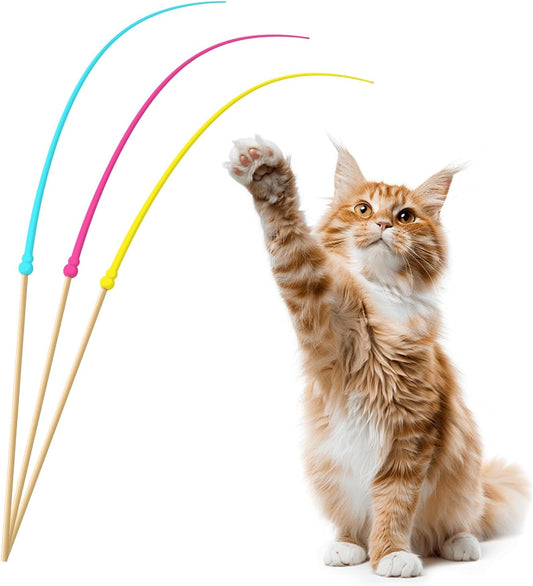 Cat Wand Toy,Cat Toy Wand,Cat Toy on Stick 3 PCS Silicone Ultra-Light Durable Tail Non Feather Teaser Used for Stress Relief (Colorful Styles)