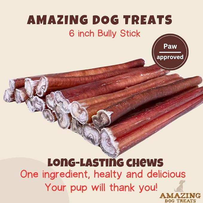 Amazing Dog Treats - 6 Inch Medium Size Bully Sticks (40 Count) - Bulk Bully Sticks for Dogs - No Hide Bully Stick Dog Bones