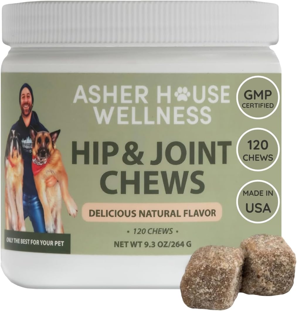 Asher House Wellness Hip and Joint Supplement for Dogs - Natural Soft Chew with MSM, Chondroitin, Glucosamine, Vitamins - Promotes Joint Health & Pain Relief Senior & All Dog Breeds, Large, 120 Chews