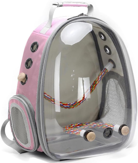 Bird Traval Carrier Cage, Clear Space Capsule Astronaut Backpack to Carry Parakeet Cockatiel Parrot with Metal Tray Wood Perch, Vet Transport Bag