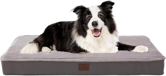 Orthopedic Dog Beds for Large, Medium, Small Dogs - Plush Washable with Egg Crate Foam, Waterproof with Removable Cover & Anti-Slip Bottom, Comfy Striped Dog Bed for Crate, 36x23 Inch, Gray