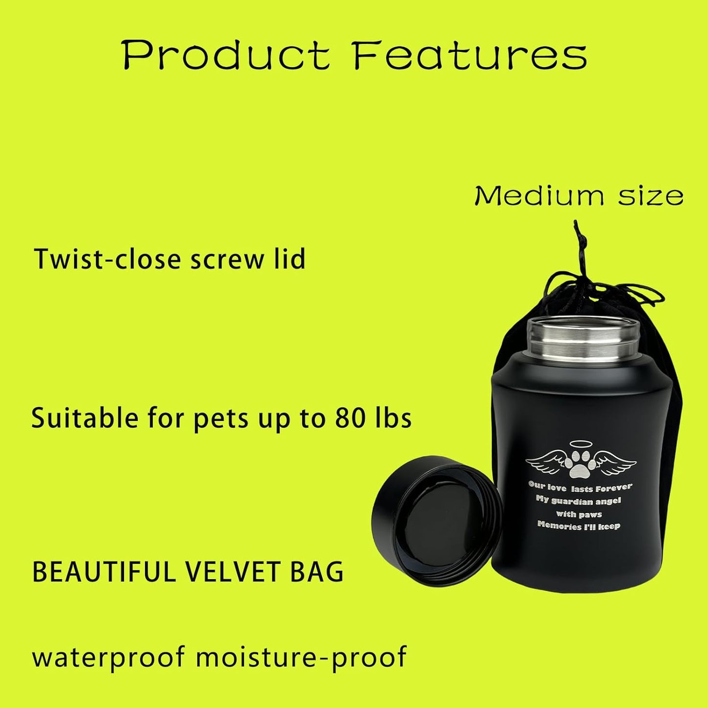 Black Stainless Steel Pet Urn for Ashes – Medium Cremation Urn for Dogs and Cats, Holds Up to 80 lbs, Engraved Paw Print with Angel Wings, Pet Memorial Keepsake