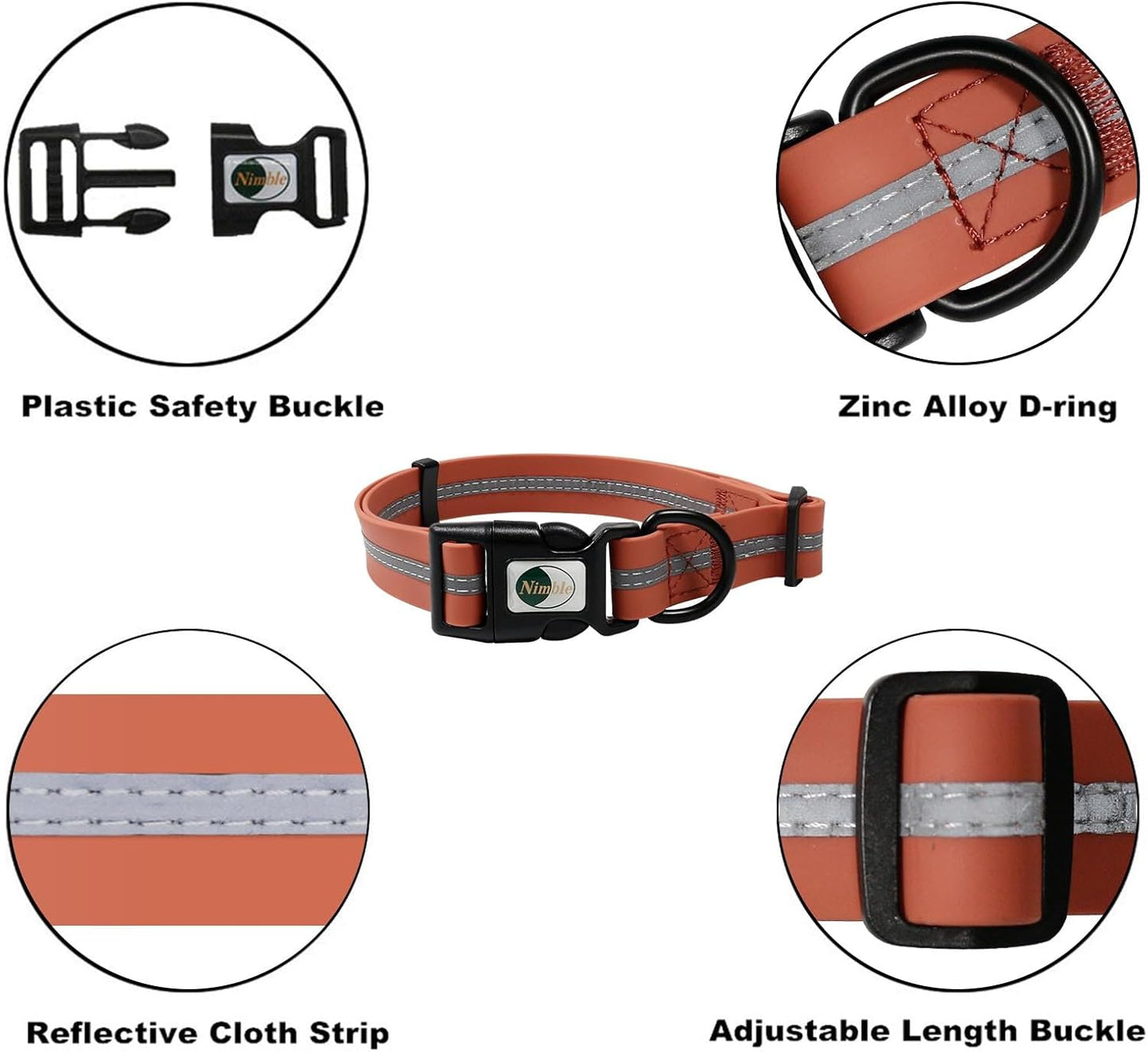 NIMBLE Dog Collar Waterproof Pet Collars Adjustable, Reflective, Durable Flex Poly Coated Nylon Basic Dog Collars 9 Colors in Size S/M/L (Small (9.45”-14.17”inches), Apricot Brandy red)