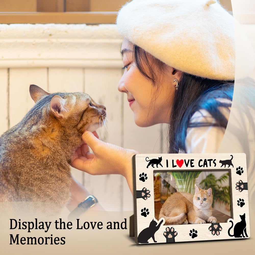 I Love Cats Wooden Picture Frames Present for Cat Lover Pet Owner Women Girls Friends Kitten Memorial Keepsake Home Office Living Room Tabletop Decor Picture Picture Frames 4x6 Photo - YY024