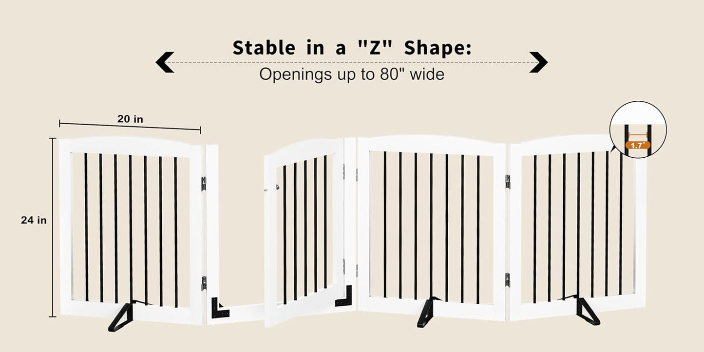 Freestanding Dog Gates with Door Walk Through, 80 inch Wide Gates Indoor, Dog Fences Indoor, Support Feet Included, 4 Panels, 32" Tall, White & Black