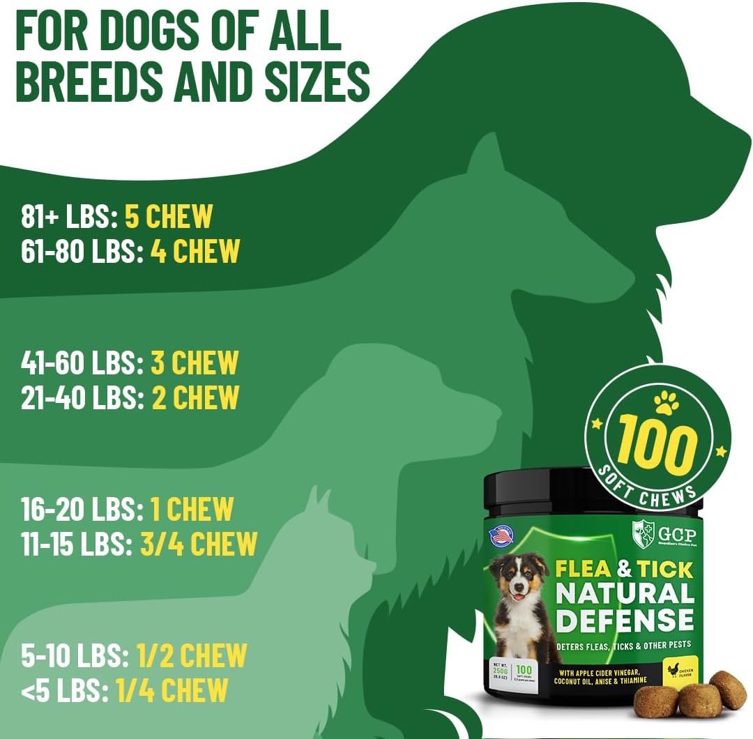 Flea and Tick Chewable Pills - No Harsh Chemicals - 100 Chicken Flavored Treats - Guardian's Choice Pets Brand - Tasty Chews Flea Pills Dogs Love