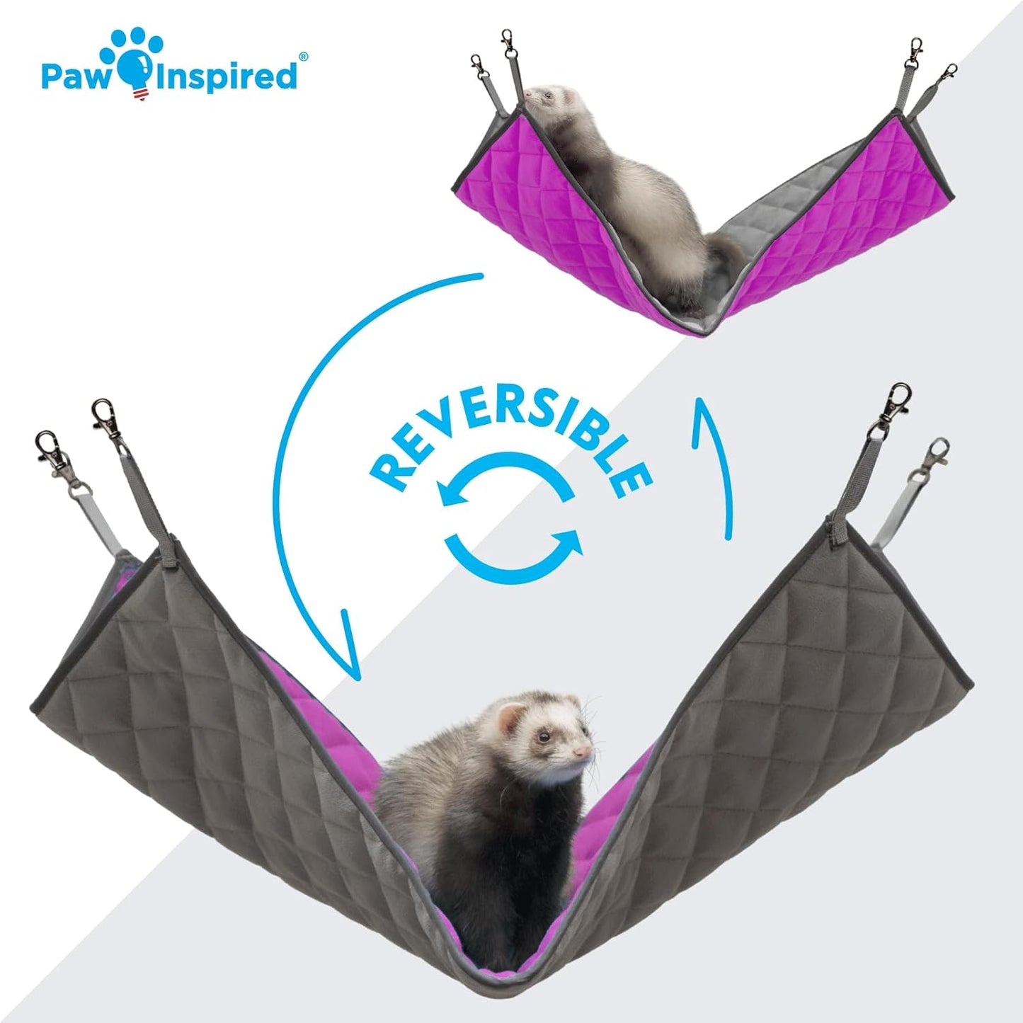 Paw Inspired Hanging Fleece Hammock for Ferrets, Rats, Chinchillas, Sugar Gliders, Small Pets | Hideout Toy for Guinea Pigs, Hamsters | Swivel Clips for Small Animal Cages (Gray/Pink)
