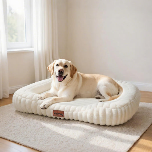Dog Bed Large Size Dogs Washable Soft Furry Pet Bed, Calming Rectangle Large Dog Bed with Removable Cover & Anti-Slip Bottom, Orthopedic Anti-Anxiety Pet Bed with Handle, 35x27x5inches, Cream