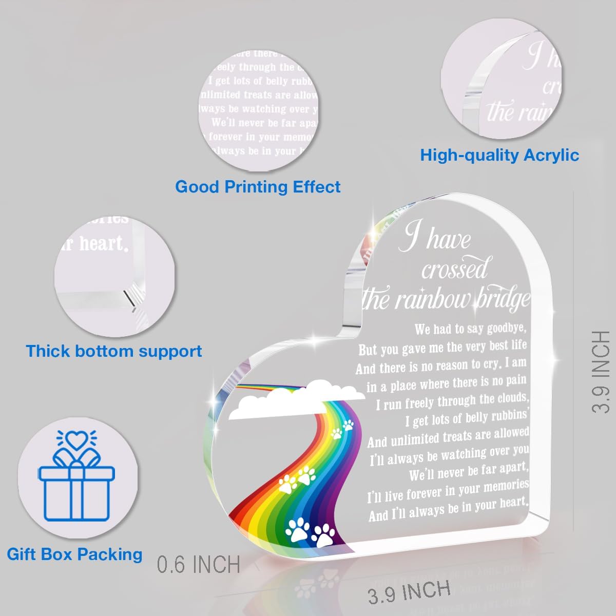 Rainbow Bridge Dog Memorial Gifts Loss of Dog Sympathy Gift Pet Memorial Gifts for Dogs Heart Shape Acrylic Sign Pet Commemoration Acrylic Heart Plaque for Home Farmhouse Office Desktop