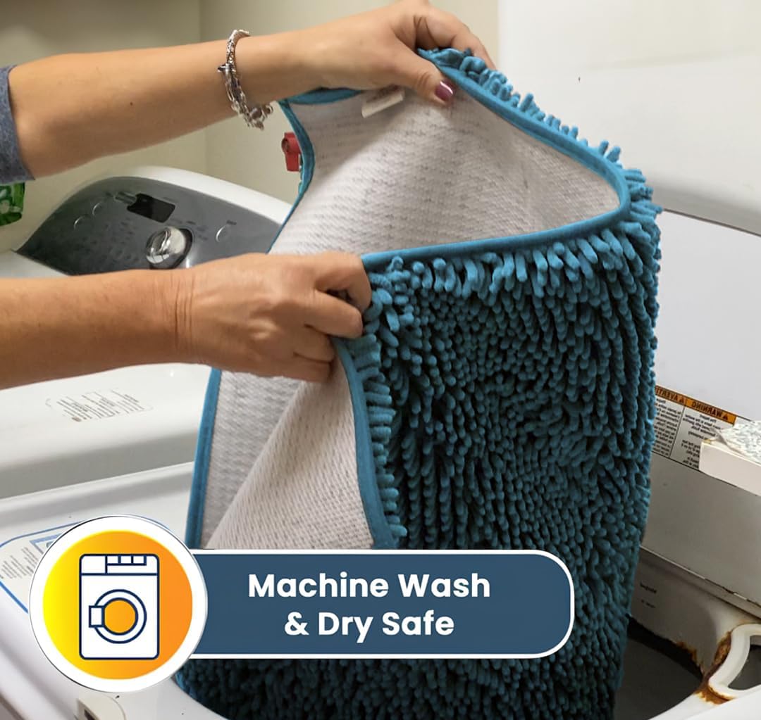 Muddy Mat® AS-SEEN-ON-TV Highly Absorbent Microfiber Door Mat and Pet Rug, Non Slip Thick Washable Area and Bath Mat Soft Chenille for Kitchen Bathroom Bedroom Indoor and Outdoor - Sky Blue 36" x 120"