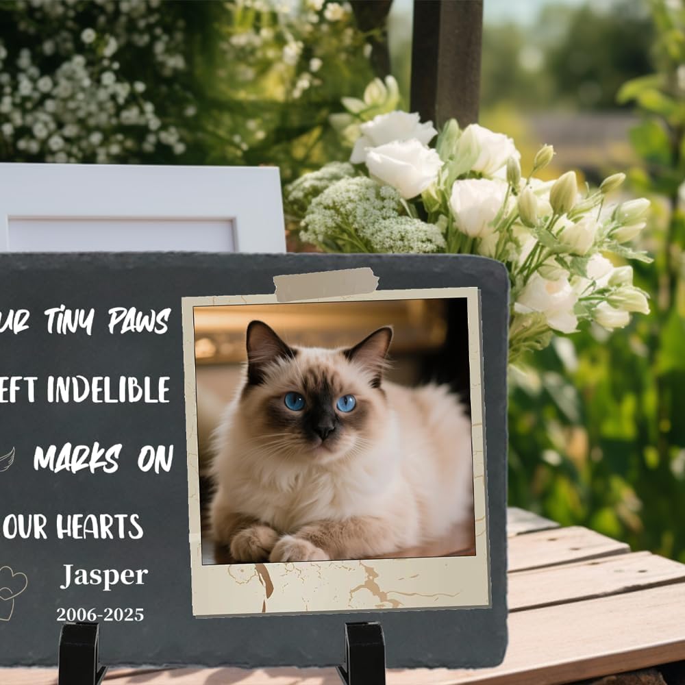 Personalized Pet Memorial Stone - Heart-Shaped Custom Cat Grave Marker with Engraved Name & Photo - Pest Grave Stone for Remembrance Dog/Cat Passing Away Sympathy Gifts (Style M)