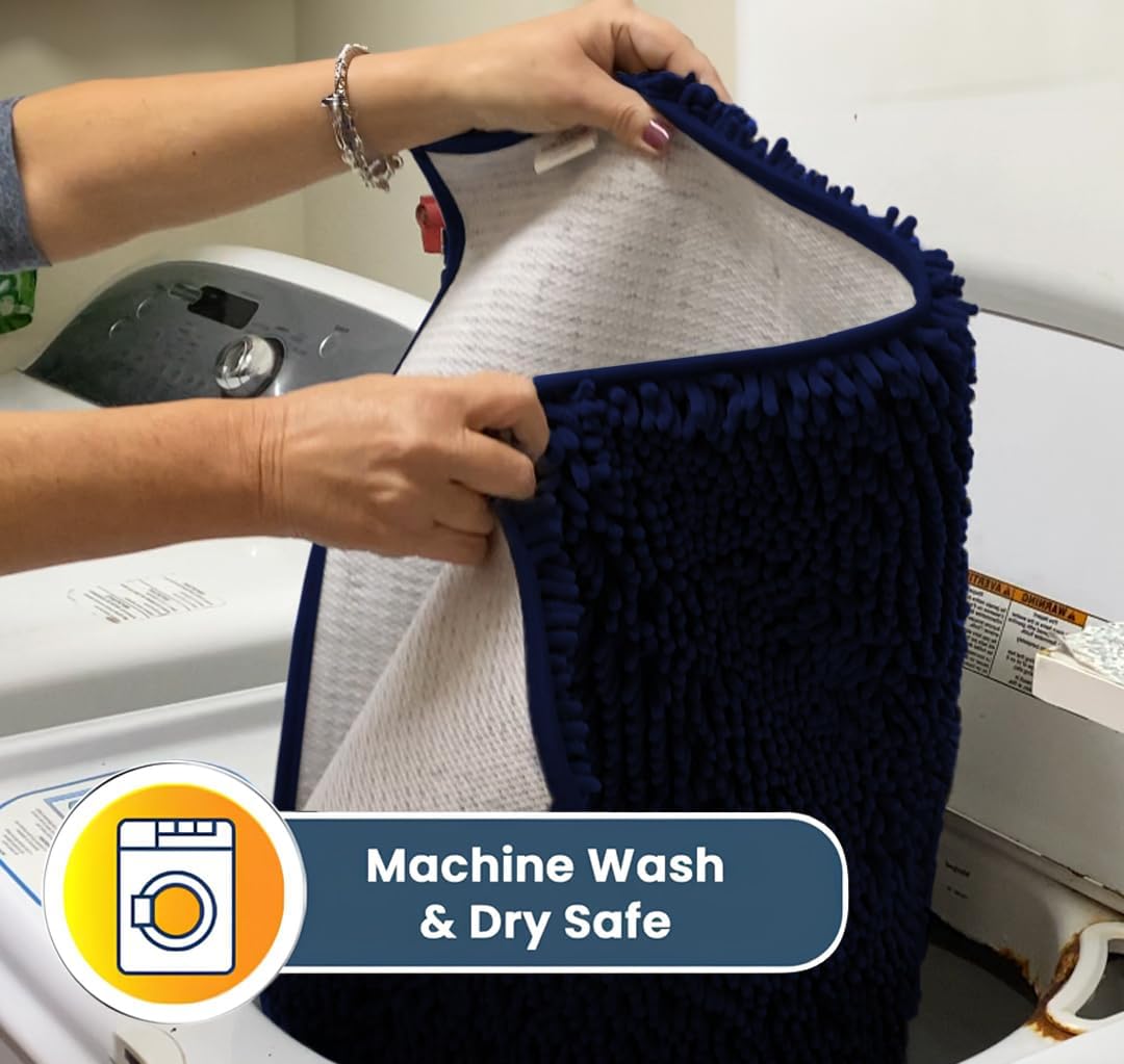 Muddy Mat® Pack of 3 Highly Absorbent Microfiber Dog Door Mat and Pet Rug, Non Slip Thick Washable Area Mat Soft Chenille for Kitchen Bathroom Bedroom and Outdoor - Navy Blue Small, Medium & Large