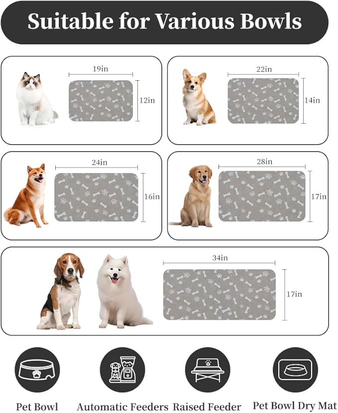 MontVoo Dog Food Mat-Pet Feeding Mat for Food and Water-No Stains Quick Dry Dispenser Cat Bowl Mat for Messy Drinkers(14"x22" Grey)