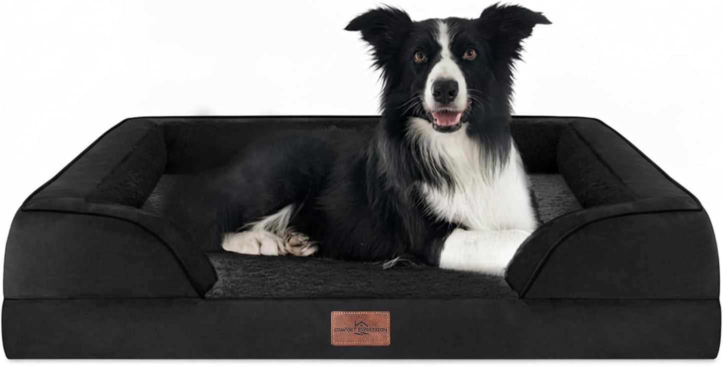 Comfort Expression Orthopedic Dog Bed for Large Dogs 36x27 Inch, Waterproof Supportive Egg Crate Foam Large Pet Bed with Removable Bolsters, Dog Couch with Washable Cover & Non-Slip Bottom, Black