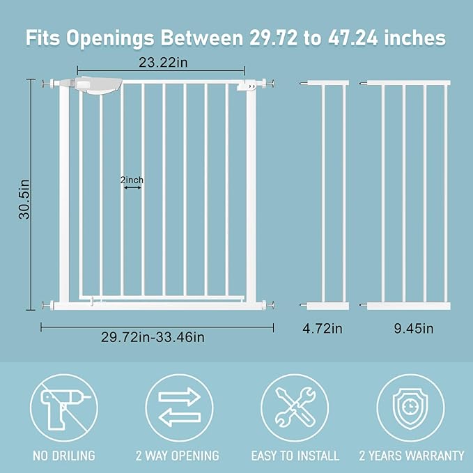 WAOWAO Triple Lock 29.72-47.24" Baby Gate Extra Wide Pressure Mounted Walk Through Swing Auto Close Safety White Metal Dog Pet Puppy for Stairs,Doorways,Kitchen