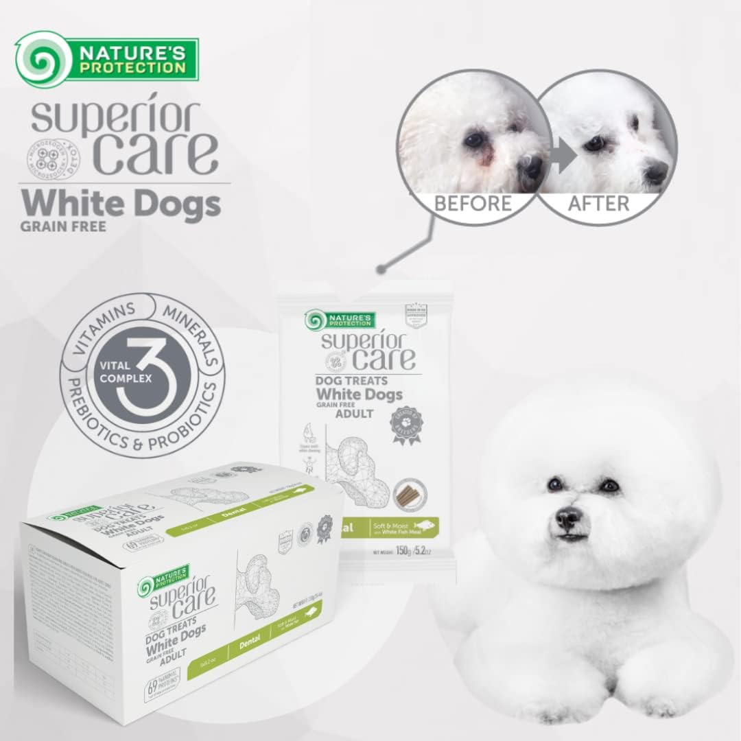 Nature's Protection Dental Chews for Dogs Teeth - Fights Bad Breath - Grain Free Dog Dental Treats for Small & Large Breed Adult Dogs with Light Fur, 5.2 oz (Superior Care - White Fish, Pack of 5)