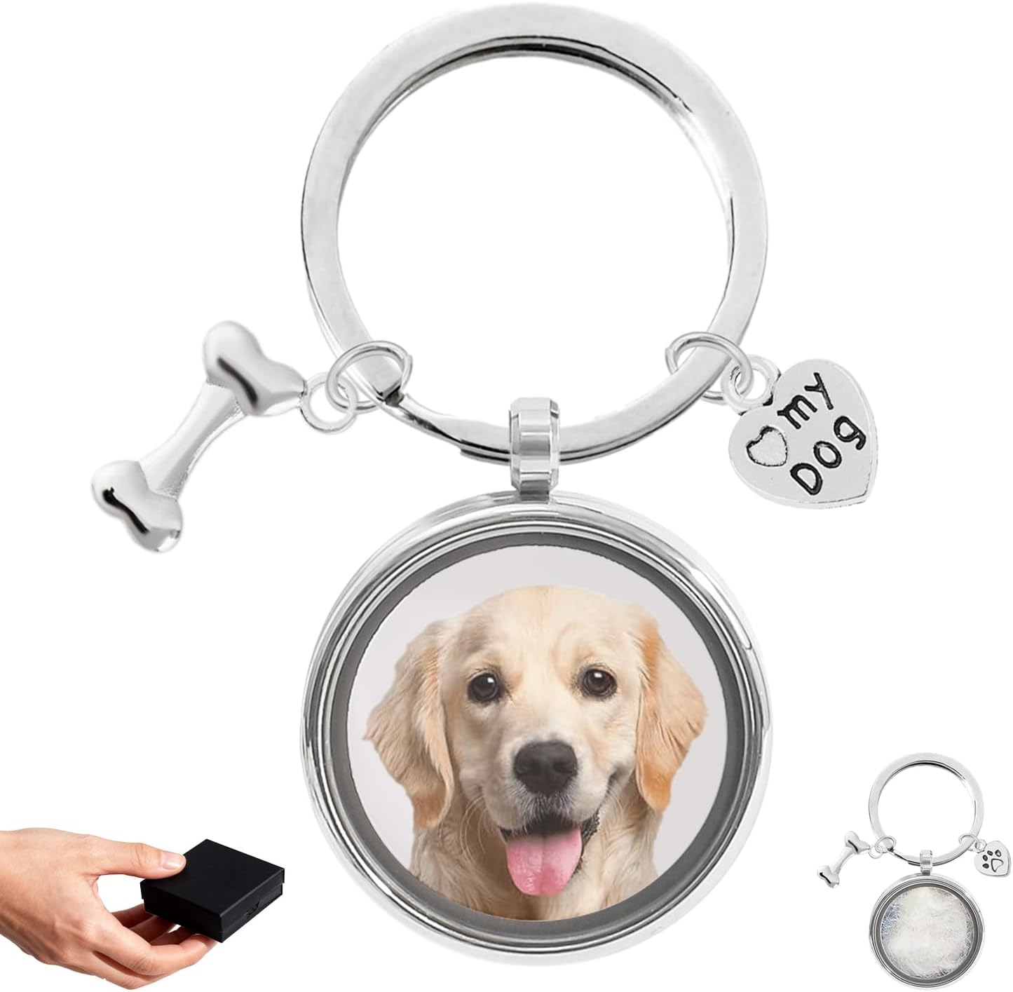 Pet Memorial Keychain for Dogs – Stainless Steel Locket with Photo & Fur Keepsake, Heart & Bone Charms, Pet Loss Memorial Gift for Dog Lovers