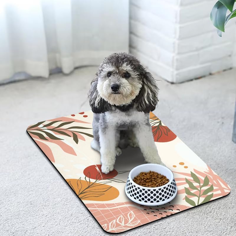 Dog Food Mats for Floors Waterproof, Pet Water Bowl Mats Pet Feeding Absorbent Placemats Bohemia Tropical Leaves 17 * 30 inch