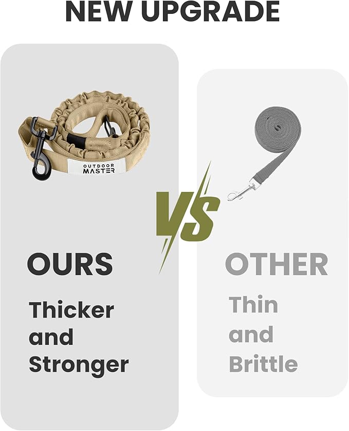 OutdoorMaster Bungee Dog Leash, Heavy Duty Dog Leash with Shock Absorption, 2 Padded Handles Training Leash, 1 Seat Belt Clip, Improved Dog Safety and Comfort -(Khaki, 6 FT)