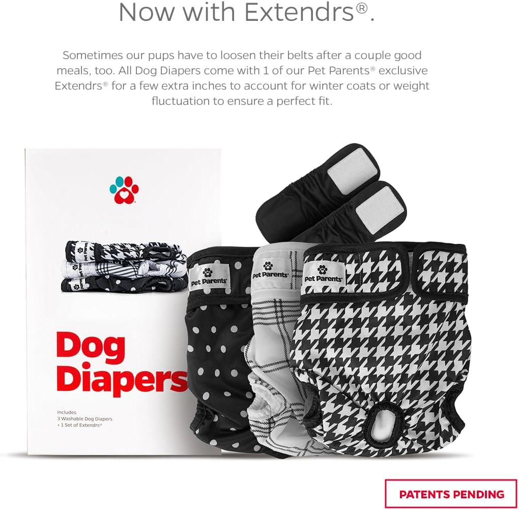Pet Parents® Washable Dog Diapers (3pack) + Extendrs® of Durable Doggie Diapers, Premium Dog Diapers Female (Large, Luxe)