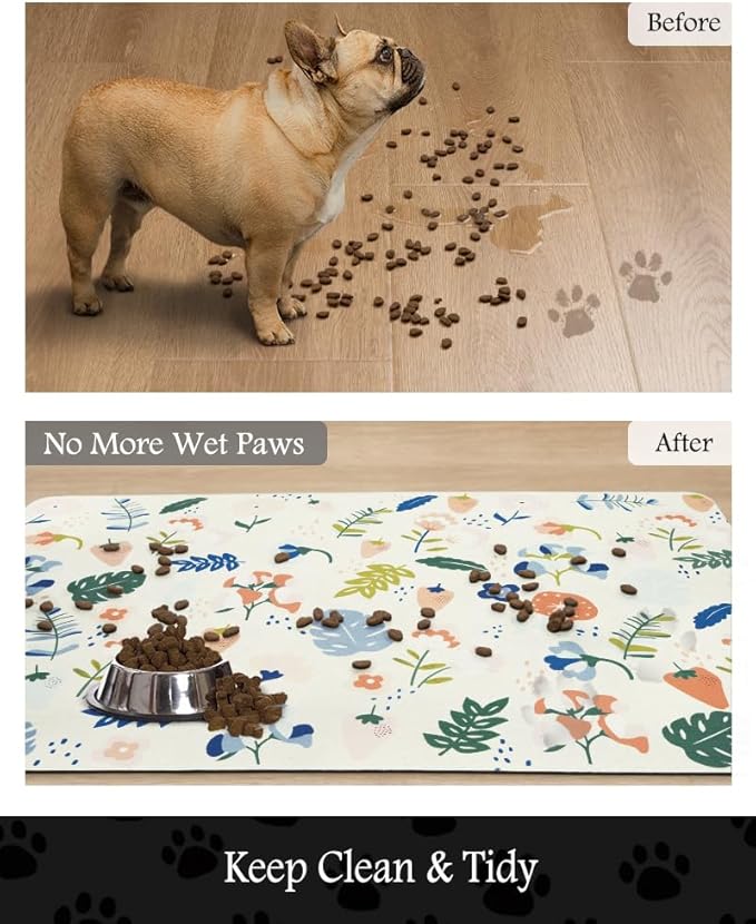 Pet Feeding Mat-Absorbent Dog Mat for Food and Water Bowl-No Stains Quick Dry Water Dispenser Mat-Dog Accessories Pet Supplies-Bowl for Messy Drinkers（LIGHTFLOWERS,17"x34"