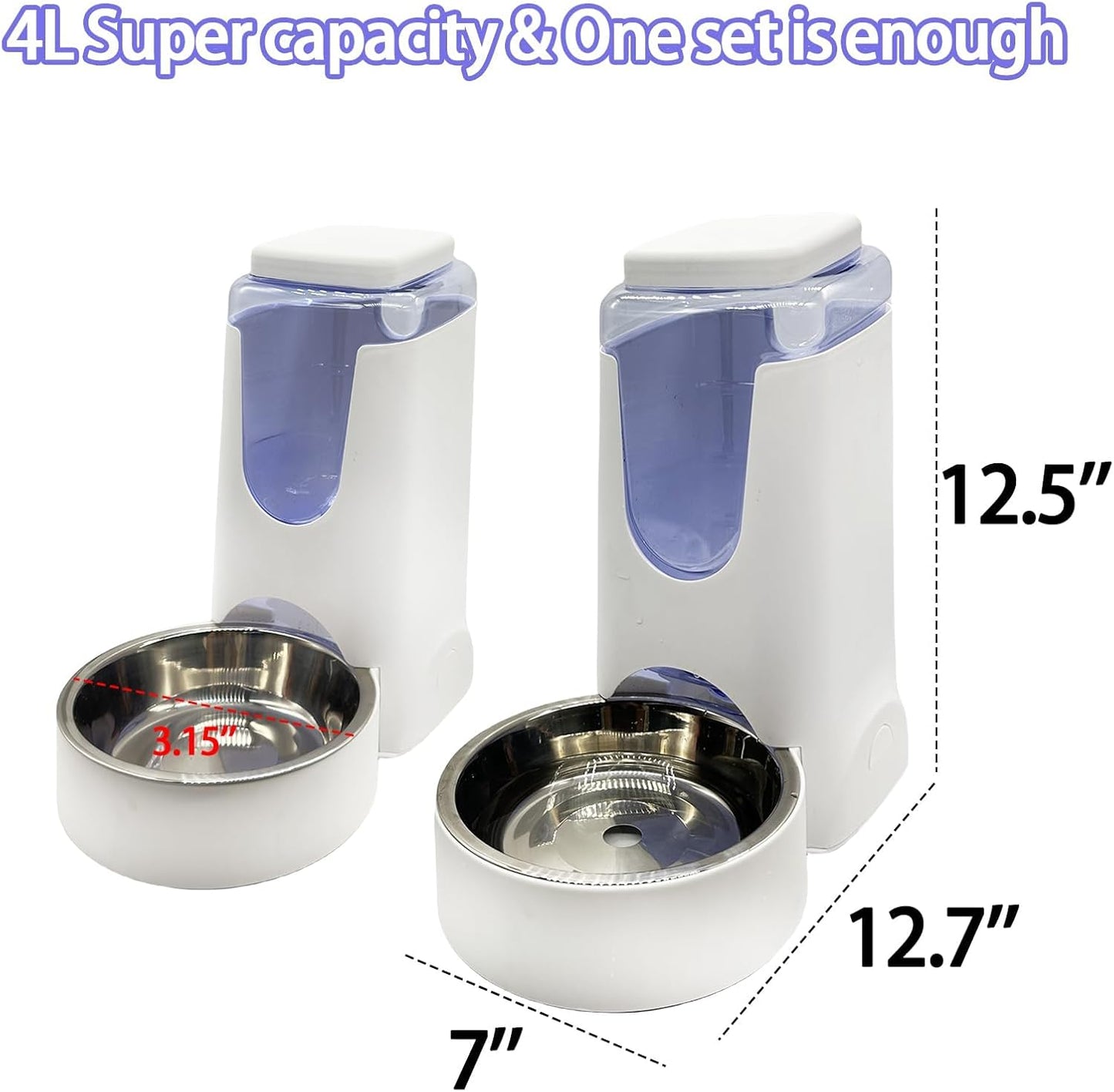 Hamiledyi Pets Automatic Gravity Feeder Dogs 2.8L Food & 4L Water Dispenser Set with Stainless Steel Bowl for Medium Big Dog Cat (White)