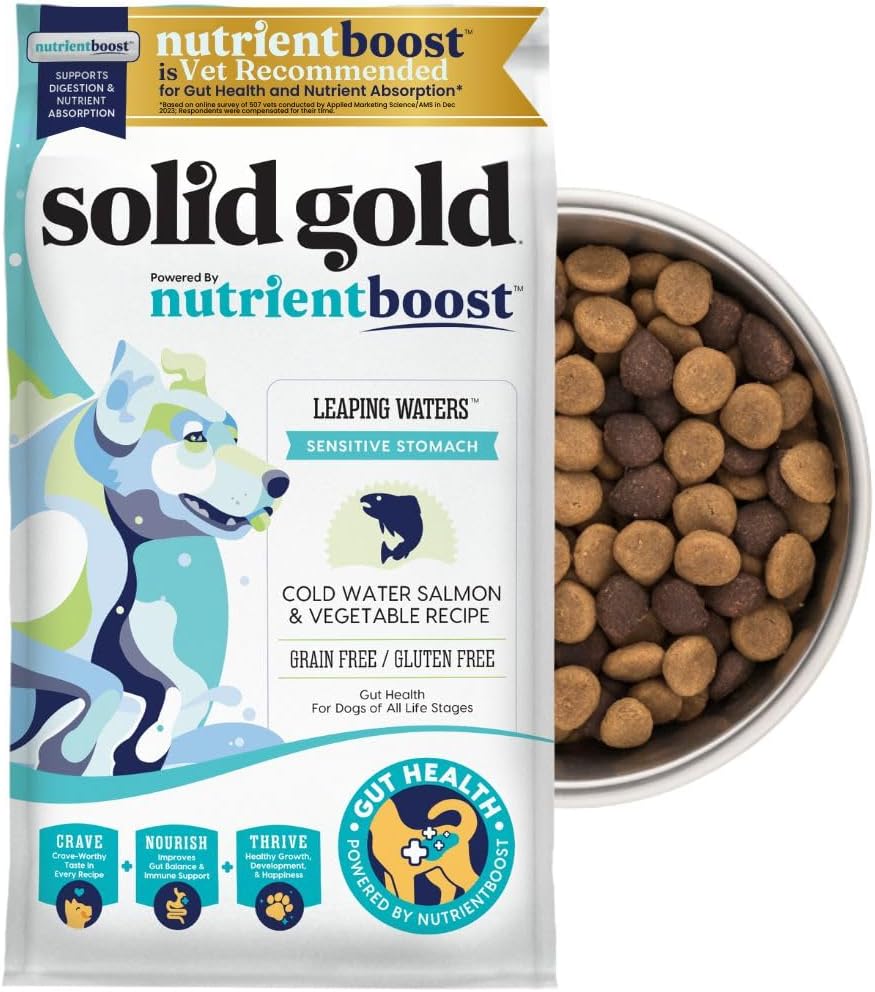 Solid Gold Salmon Dog Food for Sensitive Stomachs – Grain Free & Gluten Free Kibble w/Probiotics to Support Gut Health & Digestion - Sensitive Stomach Dog Food for All Ages – Nutrientboost™ – 22 LB