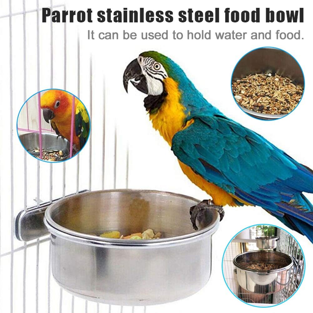 PINVNBY Bird Feeding Dish Cups,5.5x2.0 Inches Parrot Stainless Steel Food Water Dish Perch Stand Platform Paw Grinding Toy Feeder Cage Bowl with Clamp Holder for Budgies Parakeet Macaw(5 Pack L)