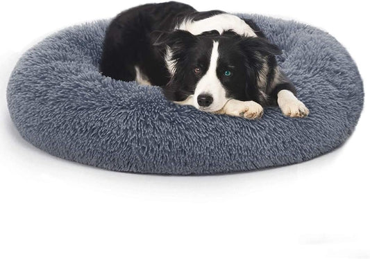 Original Calming Donut Dog and Cat Bed in Shag Fur, Dog Beds for Melium Dogs, Anti Anxiety Round Fluffy Plush Faux Fur Pet Bed (Dark Grey, X-Large)