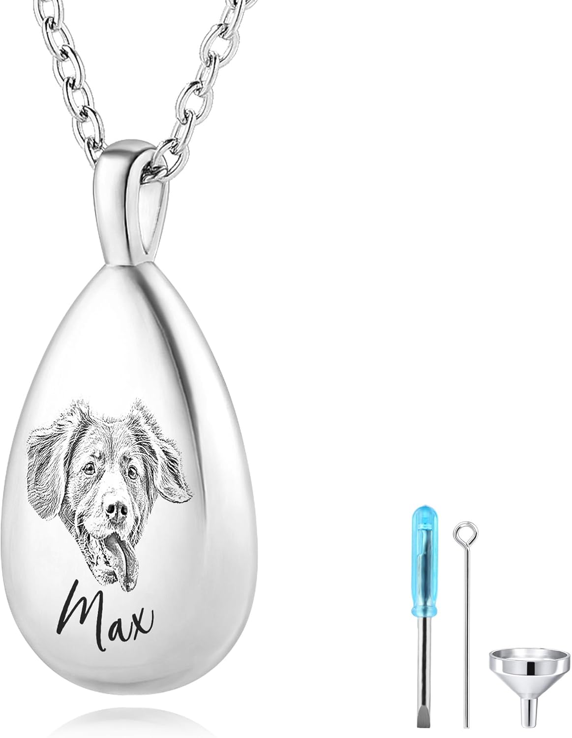 MMXX Personalized Pet Portrait Teardrop Urn Necklace with Name/Photo Stainless Steel Pendant - Cremation Jewelry for Pet Memorial Gifts - Funnel Kit Included