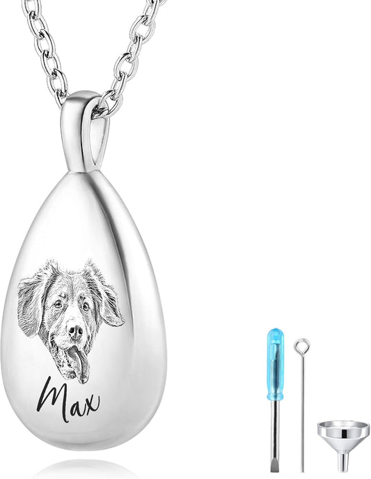 MMXX Personalized Pet Portrait Teardrop Urn Necklace with Name/Photo Stainless Steel Pendant - Cremation Jewelry for Pet Memorial Gifts - Funnel Kit Included