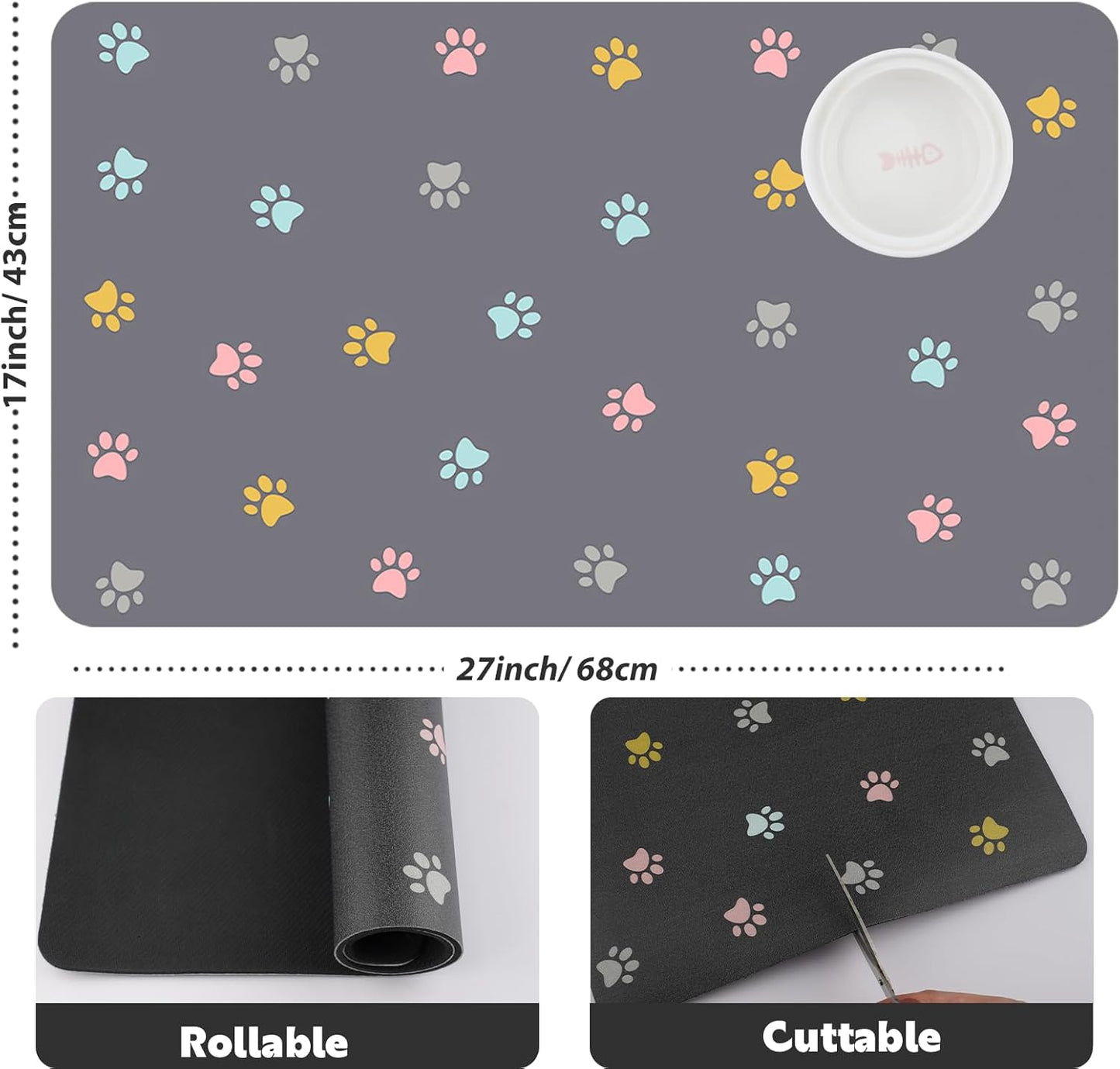 Pet Feeding Mat Absorbent Dog Mat for Food and Water Non Slip Quick Dry Dog Bowl Mats for Floors 27" X 17" Paw Light Gray