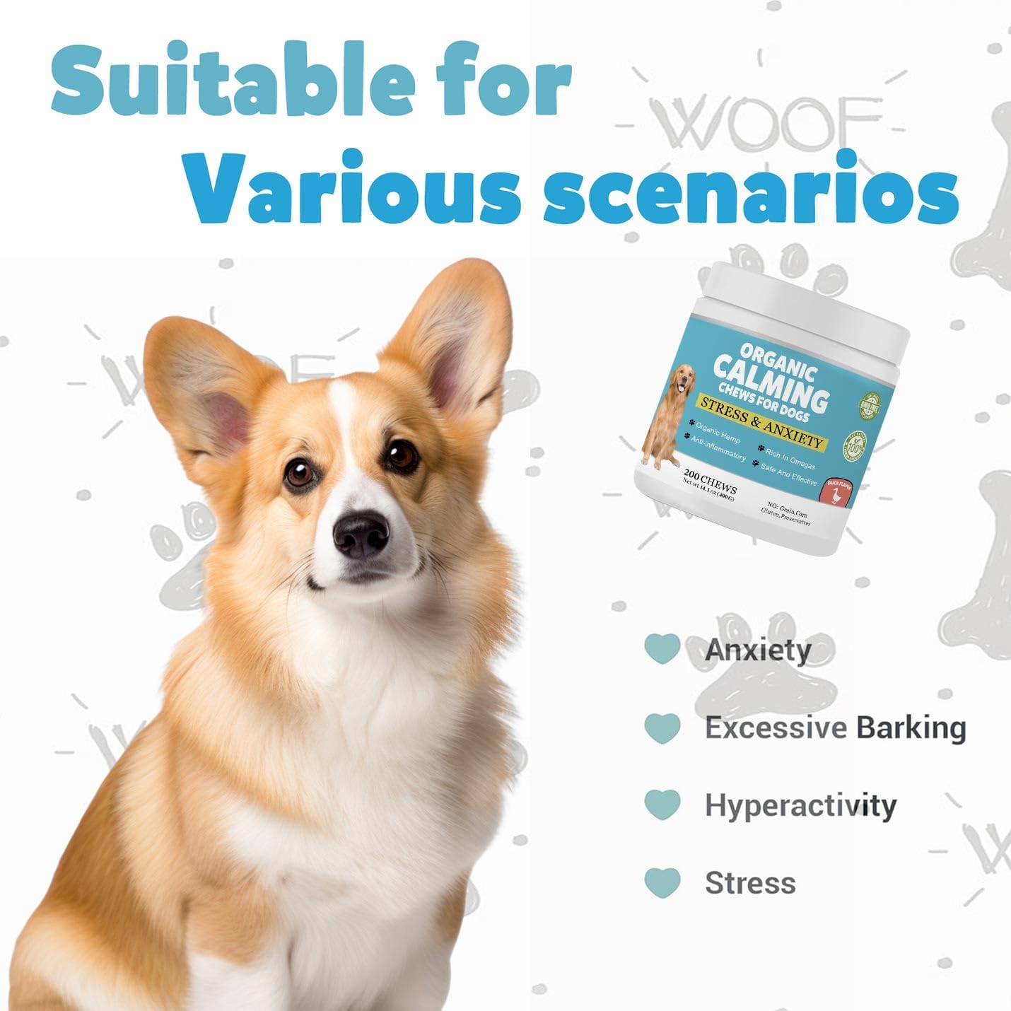 Dogs Calming Treats Chews - Anxiety Relief Chews, Separation Anxiety and Stress Relief for Dogs, Sleep Calming Aid - Health & Wellness Supplements for Dog Puppy, 200 Count (Duck)