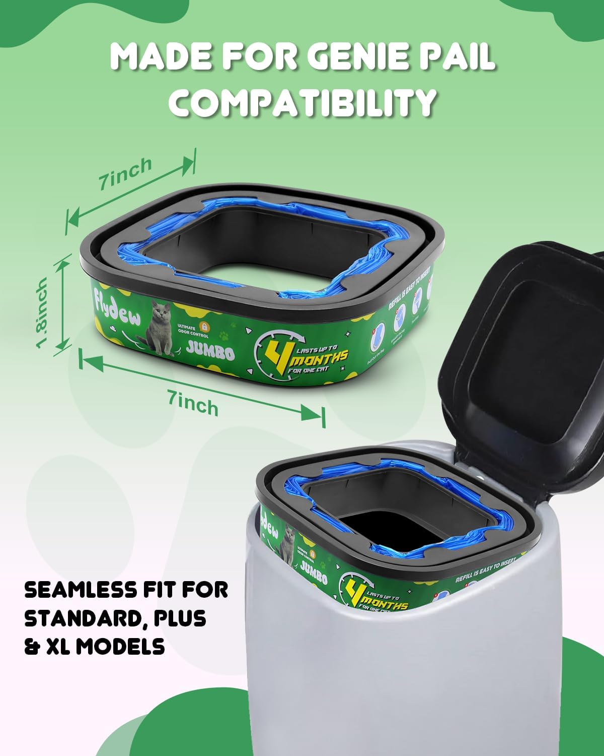 Cat Litter Refill Bags - 4-Pack Lasts 16 Months Jumbo Genie Refill Cartridge, for Cat Genie Standard, Plus, XL+ Pail Refills, EVOH Odor Control,Pet Genie Refill