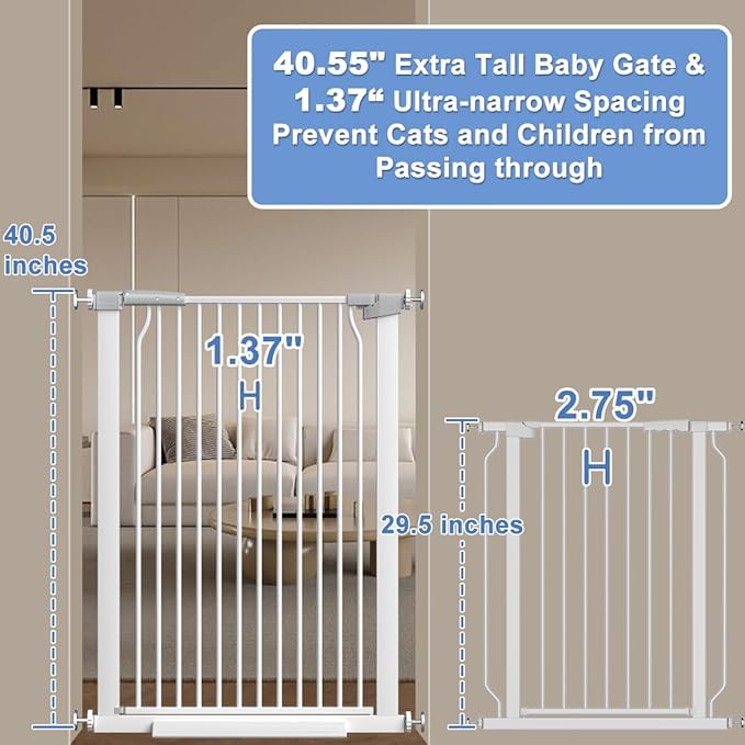 40.55" Extra Tall Baby Gate for Stairs-54.8"-60.2" Wide 1.37" Ultra Narrow Spacing Extra Wide Pet Cat Gate Dog Gate-Auto-Close Pressure Mounted Dog Door for Pets and Kids,White