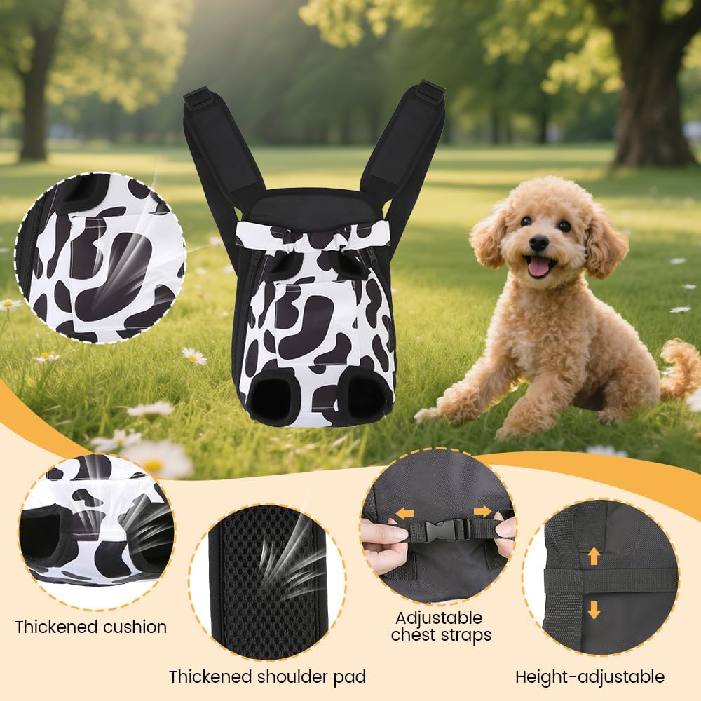 Inspack Dog Backpack Carrier/Cat Carrier, Adjustable Pet Front Carriers Travel Bag for Puppy Medium Dogs, Legs Out, Soft Ventilated Doggie Chest Carry Backpacks for Hiking/Camping, 4-7 lbs, Cow Print