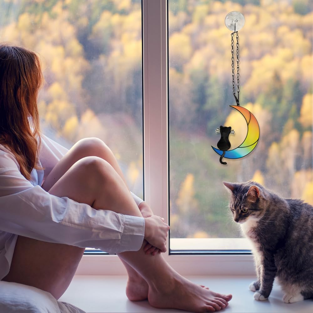 callie Cat Memorial Gifts for Loss of Cats, Pet Memorial Suncatcher Decor for Windows Hanging, Sympathy Bereavement Gift for Cat Lovers (Rainbow Sitting)