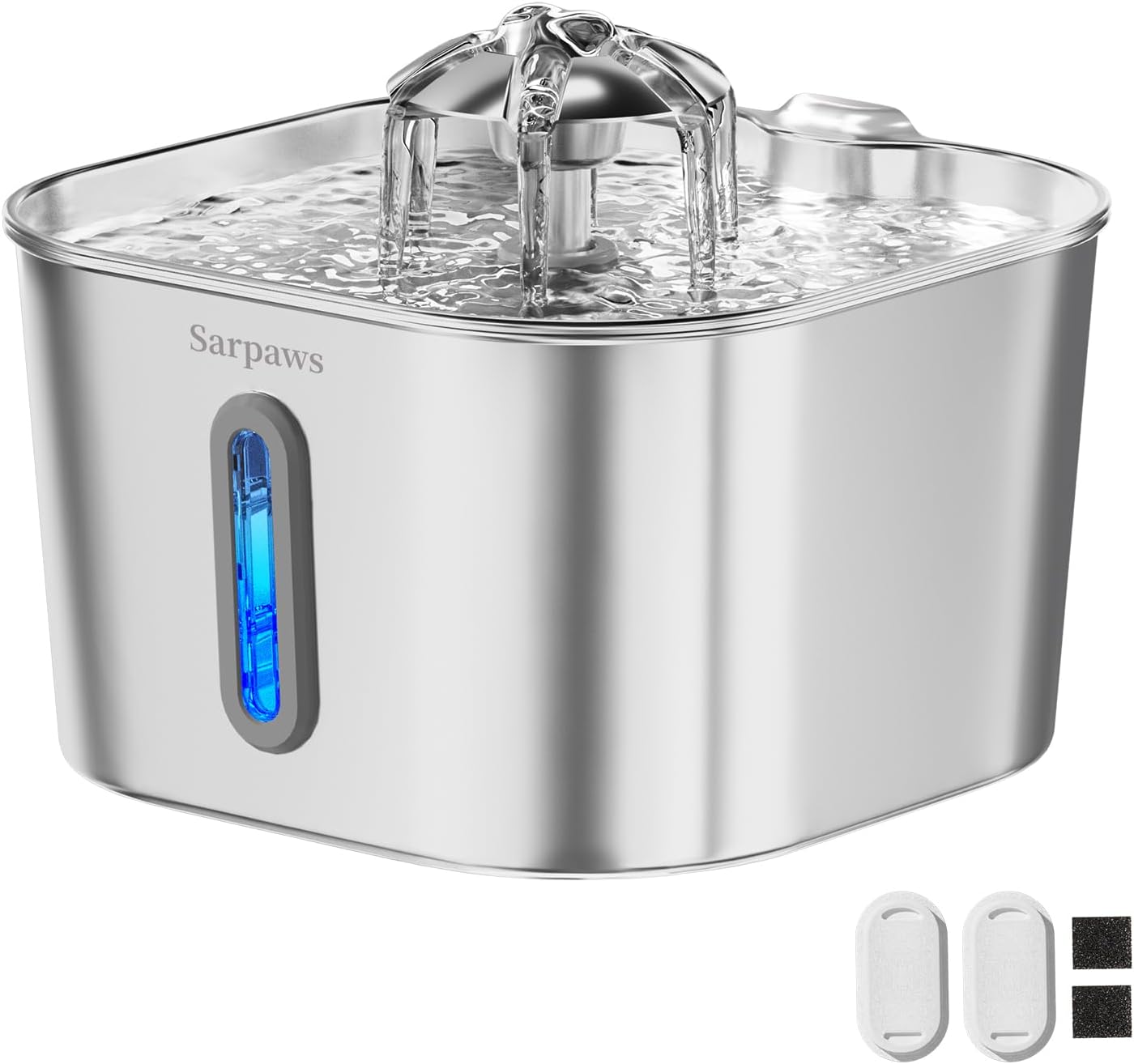 Cat Water Fountain Stainless Steel：74oz/2.2L Water Fountains for Cats Indoor, Cat Fountains for Drinking, Ultra-Quiet, Water Level Window, Pet Water Fountain - 2 Filters + 2 Sponges