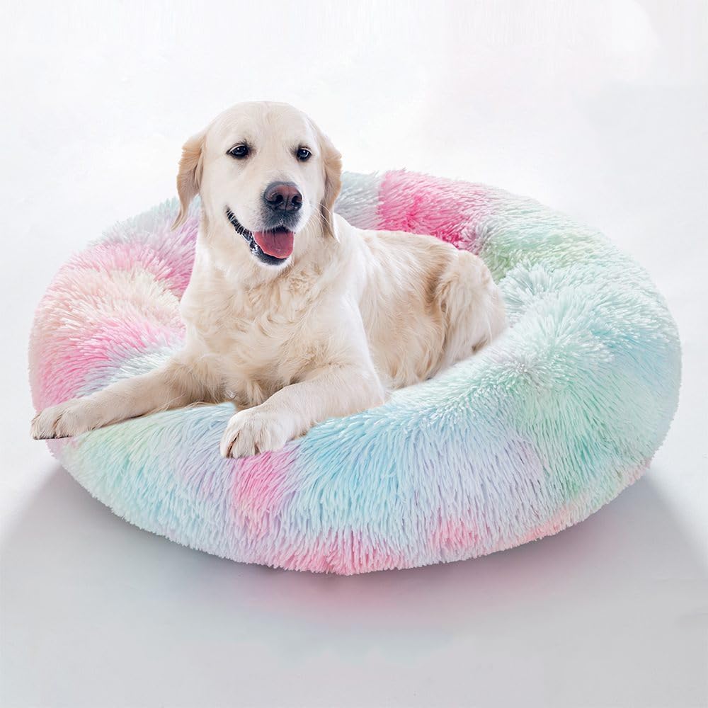 Cat Beds for Indoor Cats - Anti Anxiety Round Dog Beds for Small Medium Dogs, Fluffy Plush Faux Fur Pet Bed (Rainbow, Large 24" L x 24" W)