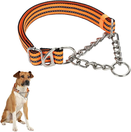 Choke Collar for Dogs，Stainless Steel Chain Collar Martingale, No Pull Slip Cinch Training Escape Proof Heavy Duty Dog Collar for Small Medium Large Pet Boy Male Dogs，Orange M