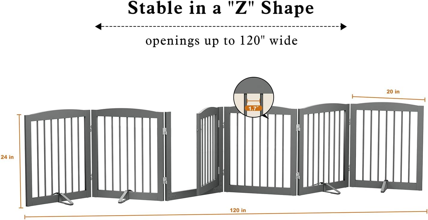 Freestanding Pet Gates with Walk Through Door, Dog Indoor Fence, Dog Gate for The House, Doorway, Stairs, Extra Wide Pet Gate, Support Feet Included, 120 Inch Wide, 6 Panels 24" Tall, Gray