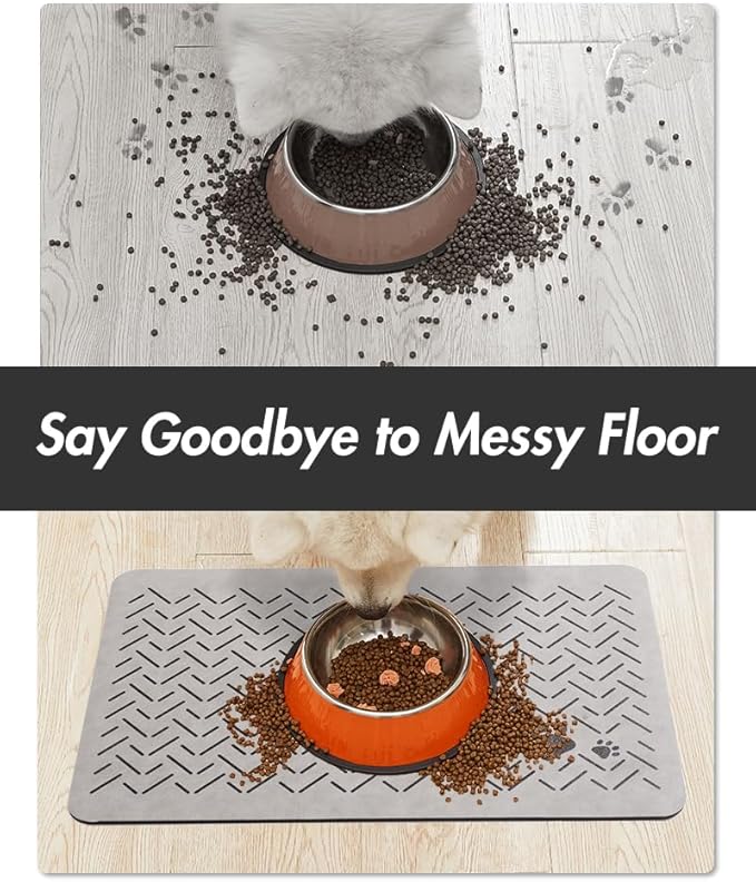 MontVoo-Absorbent Pet Feeding Mat-No Stains Quick Dry Dog Mat for Food and Water Bowl-Rubber Backing Dispenser Mat Accessories Supplies-Dog Bowl Messy Drinkers,Light Grey