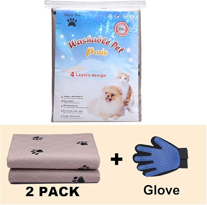 SincoPet Washable Dog Pee Pads with Puppy Grooming Gloves,Puppy Pads,Reusable Pet Training Pads,Large ,Waterproof Pet Pads for Dog Bed Mat,Super Absorbing Whelping Pads,48x48 Inch (Pack of 2)