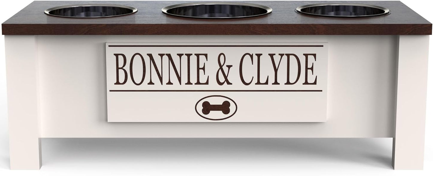 GrooveThis Woodshop - Personalized Elevated Triple Dog Bowl Stand for Large, Medium, Small, X-Small Dogs - 3 Stainless Steel Food and Water Bowls - Raised Dog Dish - Internal Storage (Medium, Brown)