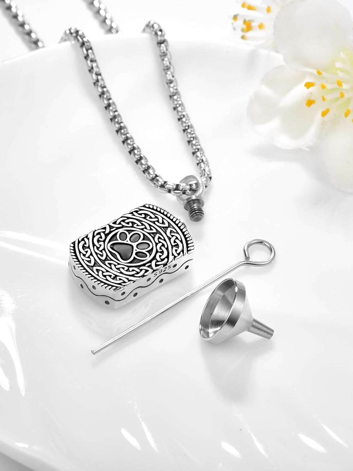 Pet Cremation Urn Necklace for Dog Cat Ashes 925 Sterling Silver Paw Print Keepsake Pendant Celtic Knot Memorial Jewelry for Women Men