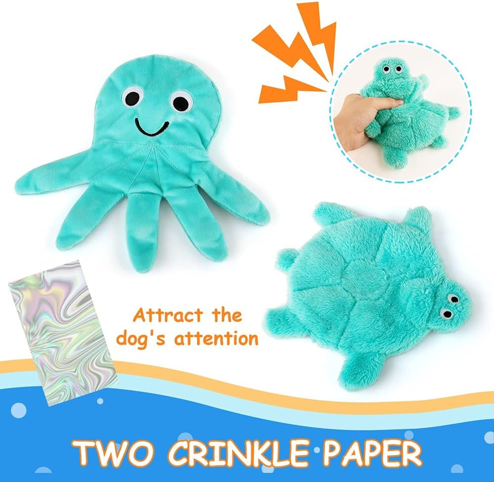 AWOOF No Stuffing Crinkle Squeaky Plush Dog Toys - Cute Animal Themed for Small to Large Dogs & Puppies - Bulk 5 Pack