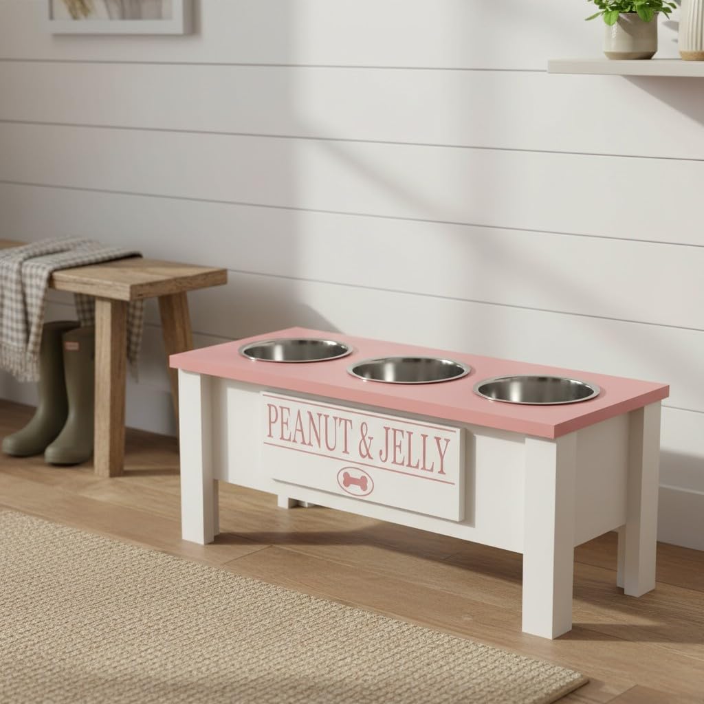 GrooveThis Woodshop - Personalized Elevated Triple Dog Bowl Stand for Large, Medium, Small, X-Small Dogs - 3 Stainless Steel Food and Water Bowls - Raised Dog Dish with Internal Storage (Large, Pink)