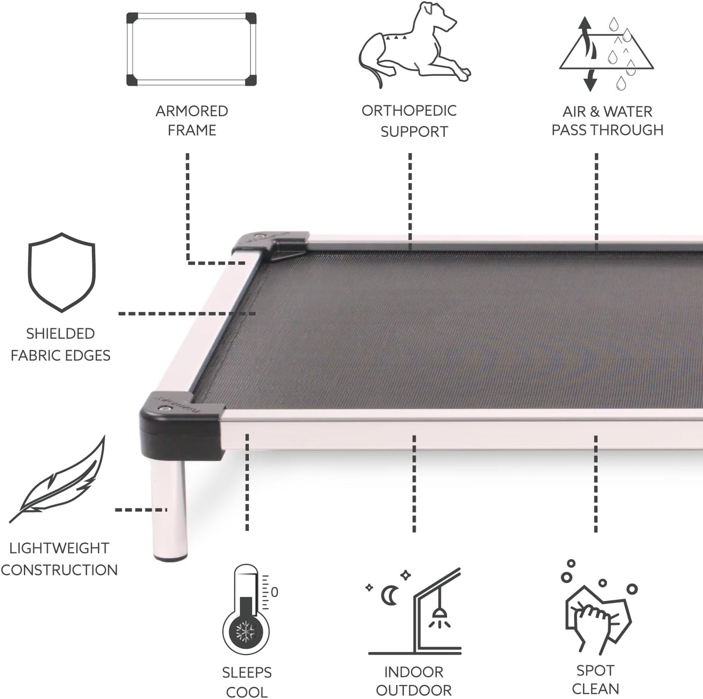 K9 Ballistics Chew Proof Elevated Cooling Dog Bed - Made for Aggressive Chewers, Virtually Indestructible, Mesh Sling with No Padding, Pre-Assembled - Large for 42" Crates, Black Mesh