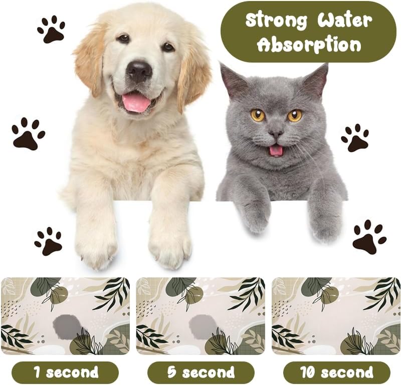 Dog Food and Water Bowl Mats - Waterproof, Absorbent Pet Feeding Placemats for Floors - Bohemia Tropical Leaves Design, 24 * 32 Inch