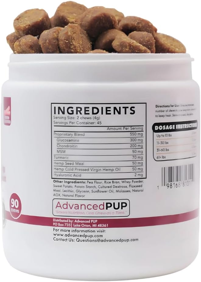AdvancedPUP Hip and Joint Supplement - Effective Chondroitin MSM & Turmeric for Dogs - Dog Hip & Joint Care to Heal Dog Joint Stiffness & inflammation - Natural Glucosamine Supplement Tasty Bacon 90CT